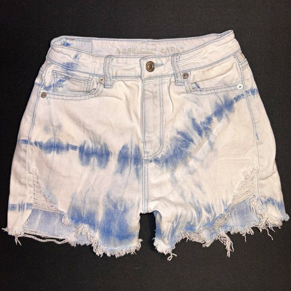 American Eagle Highest Rise Mom Tie Dye Festival Denim Cutoff Shorts 0 24 Blue